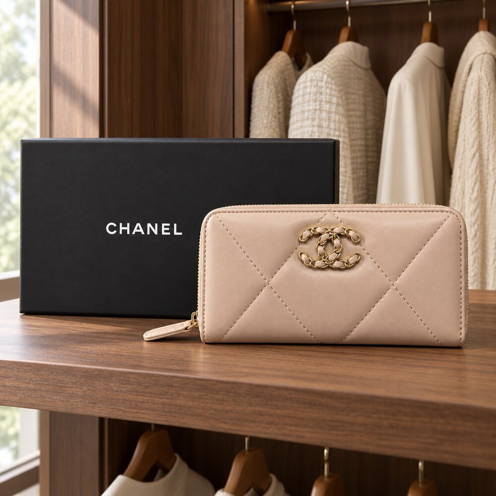 Chanel 19 Beige Lambskin Long Zip Wallet - Picture 5 of 6